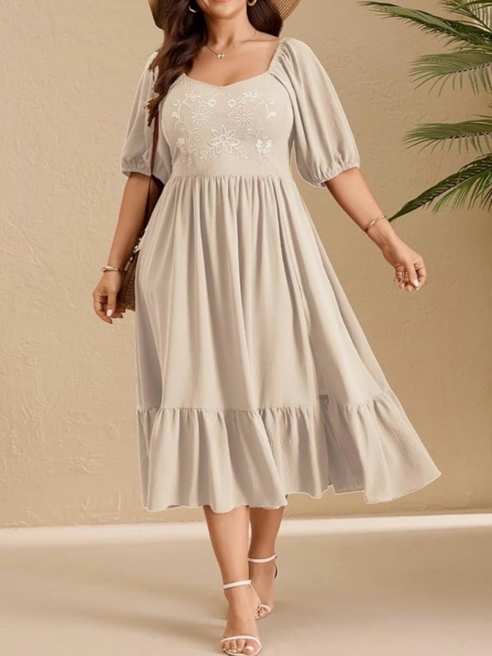 Women’s Cream/Beige Puff-Sleeve Embroidered Midi Dress NWT 1XL - Picture 2 of 10